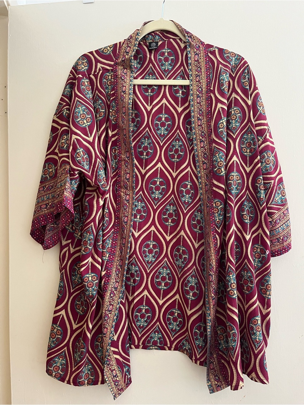 Boho Open-Front Kimono Jacket - Burgundy Floral